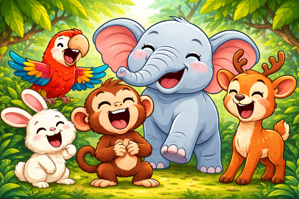 Jungle animals laughing at a funny banana mistake