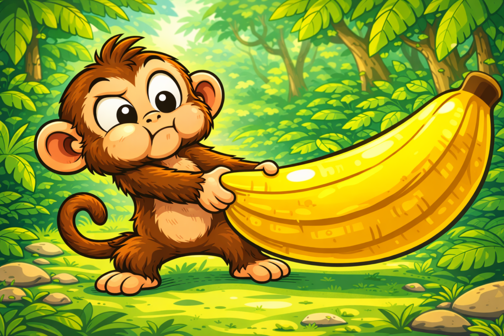 Funny monkey trying to peel a hard banana toy