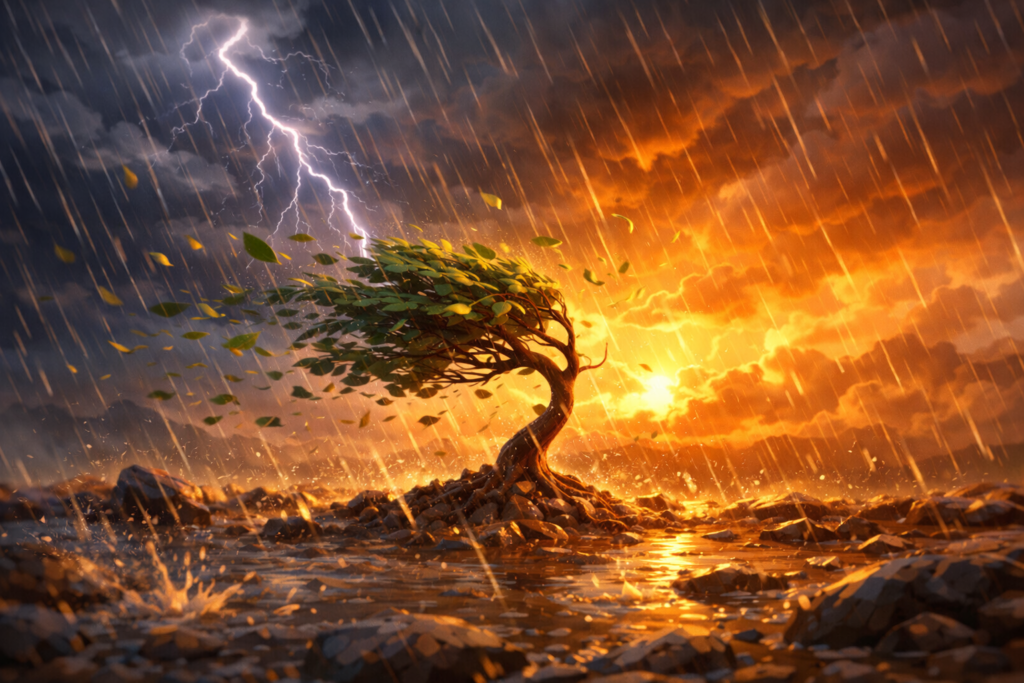 Small tree bending but not breaking in a powerful storm with golden light behind it – inspirational story for kids