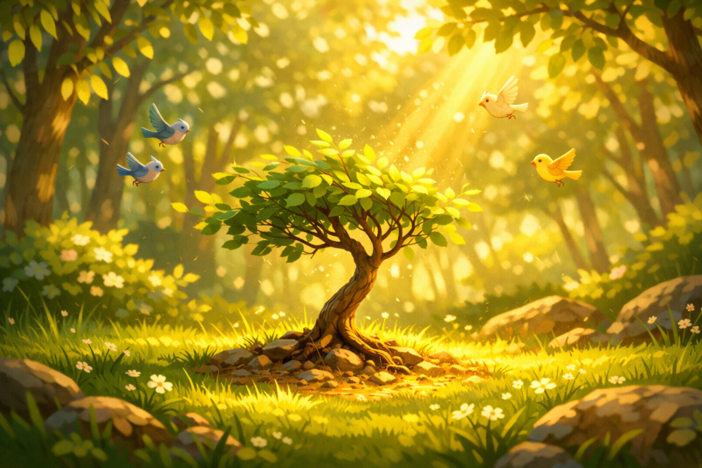 Young small tree growing peacefully in warm sunlight inside a forest – children’s inspirational story illustration