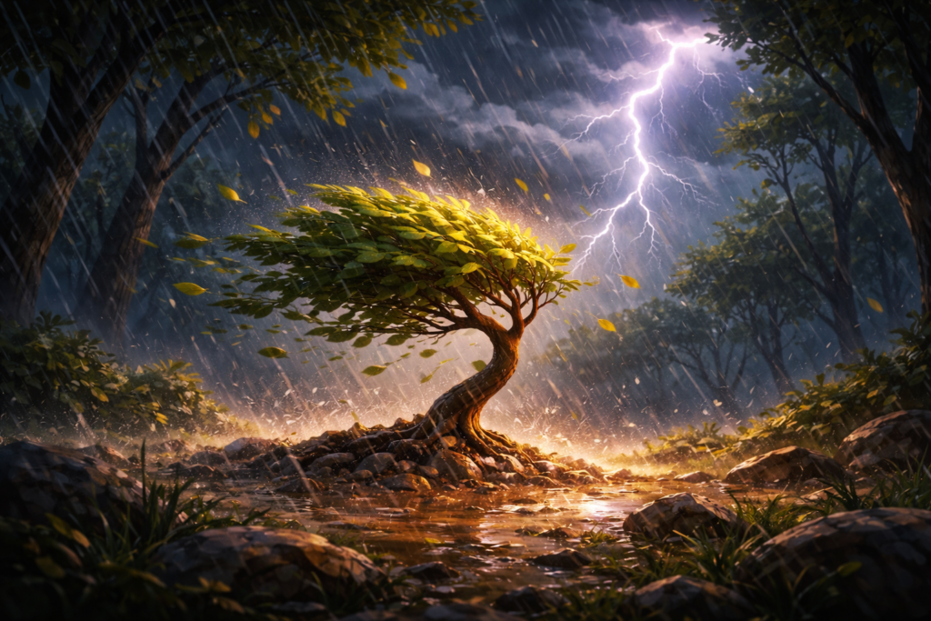 Small resilient tree fighting heavy rain and strong wind during a dramatic storm – motivational kids story