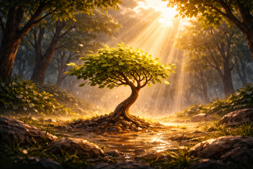 Brave little tree standing tall after the storm with golden sunrise light – story about resilience for kids