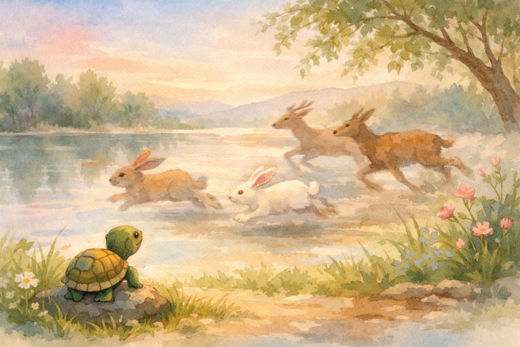 A slow turtle observing fast animals near a lake