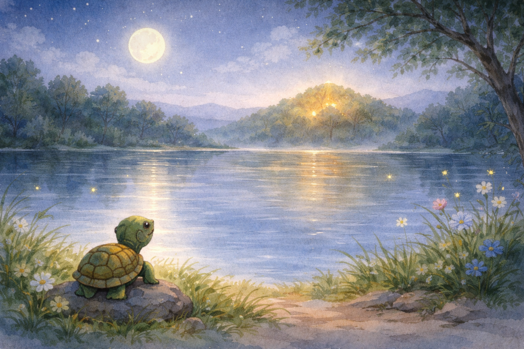 Turtle dreaming of reaching a glowing hill