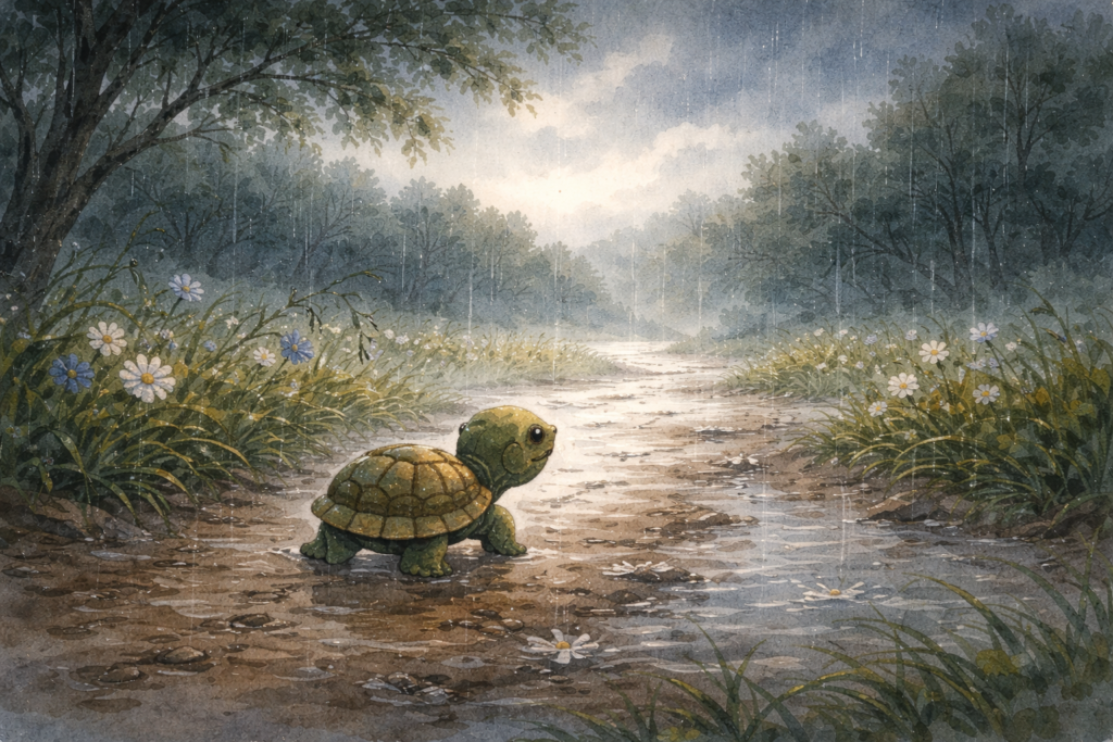 Turtle continuing its journey during a storm