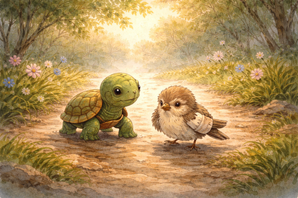 Turtle helping an injured bird during a journey