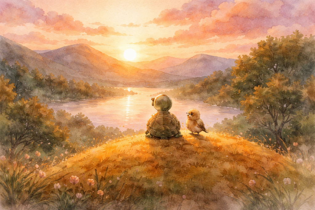 Turtle reaching the hill after a slow and steady journey