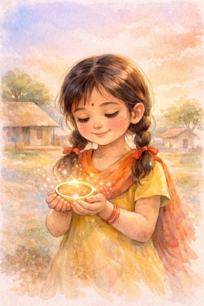 जादुई कंगन पकड़े मुस्कुराती बच्ची की चित्रण कहानी