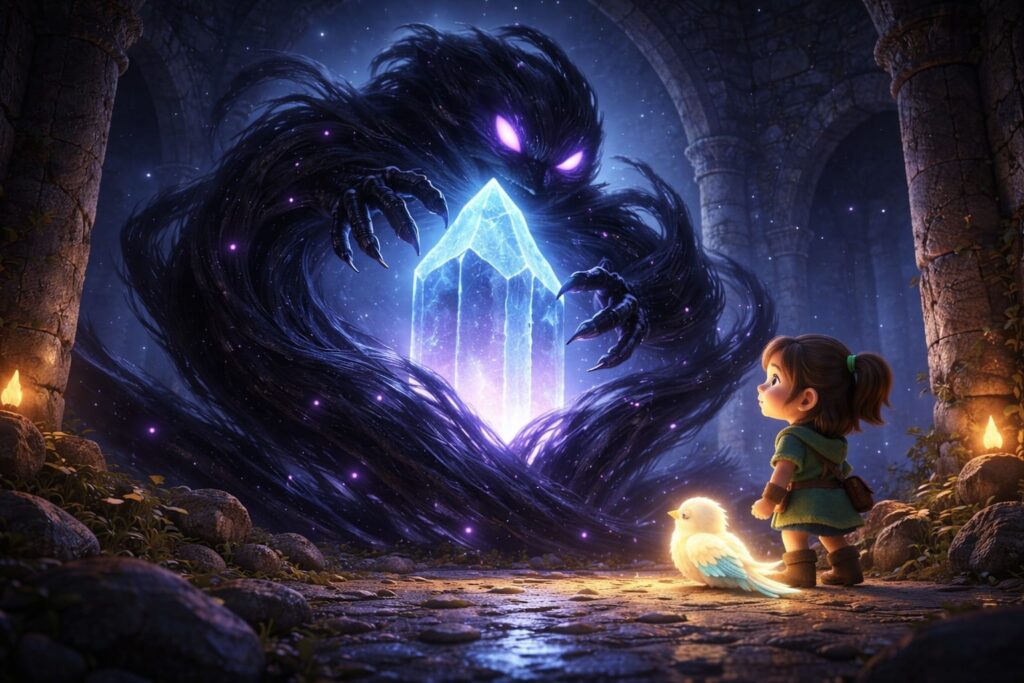 Dark shadow creature wrapping around a giant magical crystal inside an ancient tower – fantasy battle scene