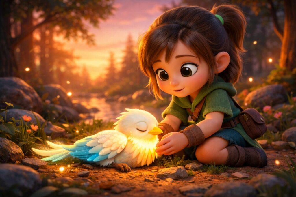Little girl helping a glowing magical bird lying on the forest ground at sunset – kids fantasy adventure story