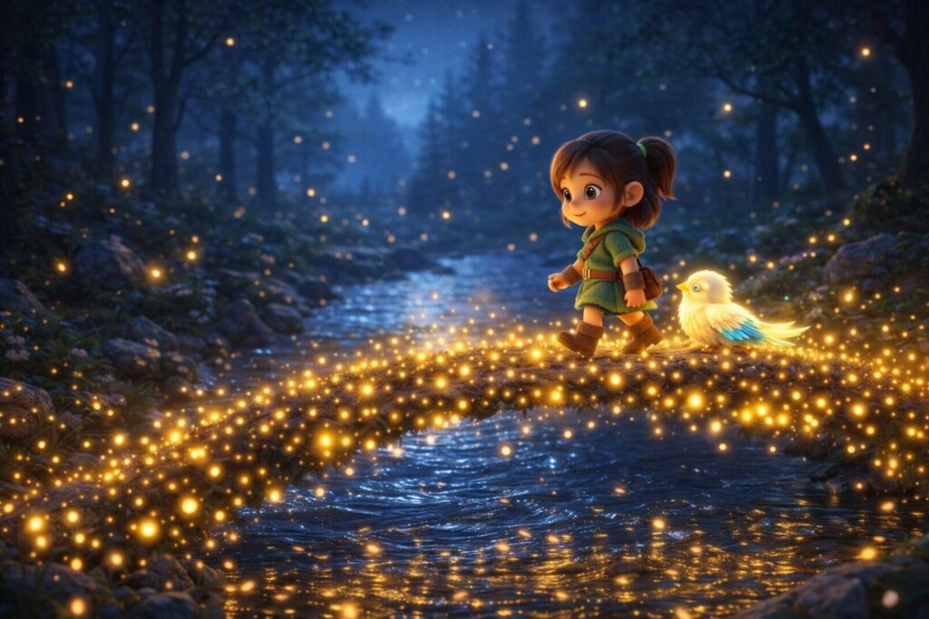 Magical fireflies forming a glowing bridge across a river while a little girl walks with a glowing bird