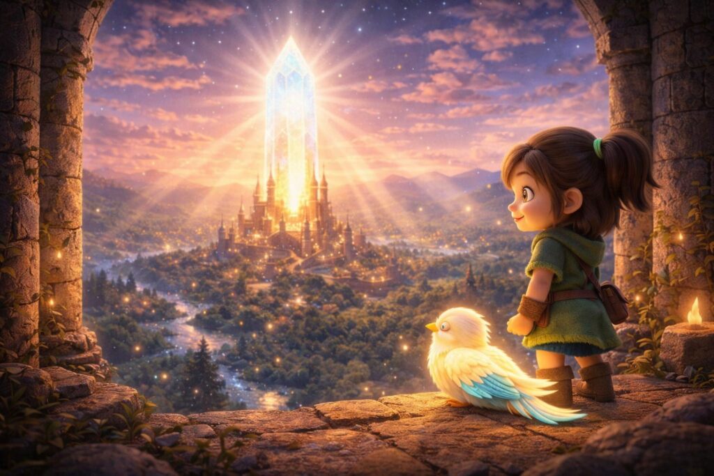 Bright magical crystal lighting up a fantasy kingdom while a little girl and glowing bird watch from the tower