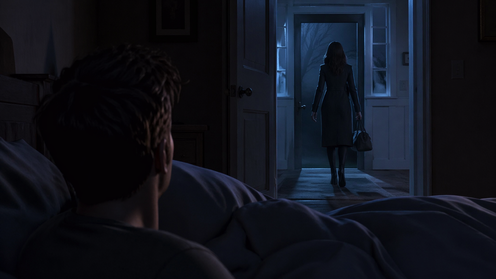 mysterious woman leaving house at 2 am suspense story scene