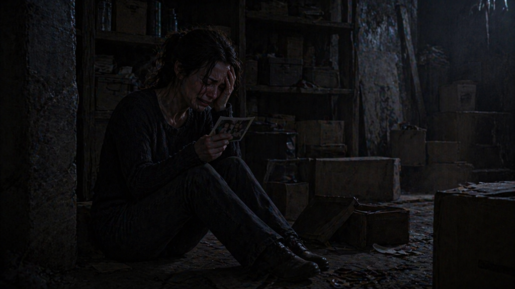 woman crying in dark storeroom holding old photo mystery