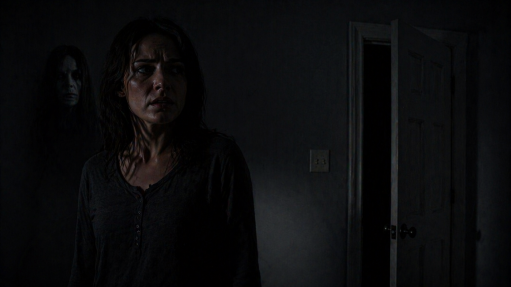 ghost presence behind woman dark room horror twist