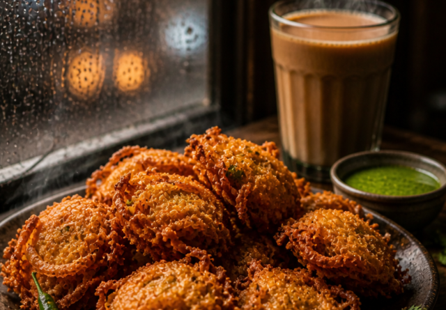 बारिश के मौसम में गरमा-गरम आलू प्याज पकौड़ी और चाय – crispy aloo pyaz pakora with masala chai rainy window background